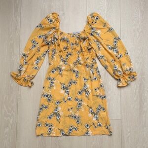 Velvet Torch Yellow Floral Long Sleeve Ruched Dress